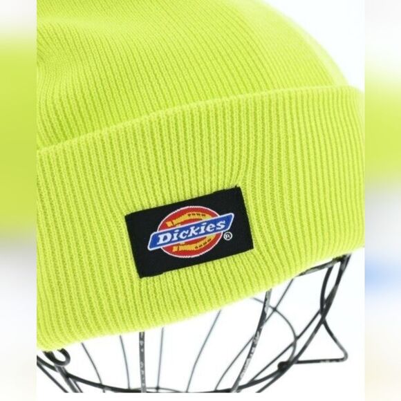 Dickies Bright Lime Yellow Chartreuse Ribbed Knit Cuff Beanie Hat - Picture 2 of 8
